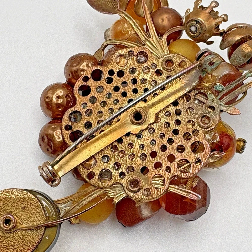 Vintage Brooch Flower AB Artglass Honey Bronze Thermoset Rhinestone MCM